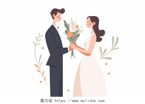 婚礼新郎新娘婚纱照卡通AI插画